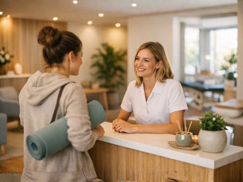 Modern clinic reception area with friendly staff