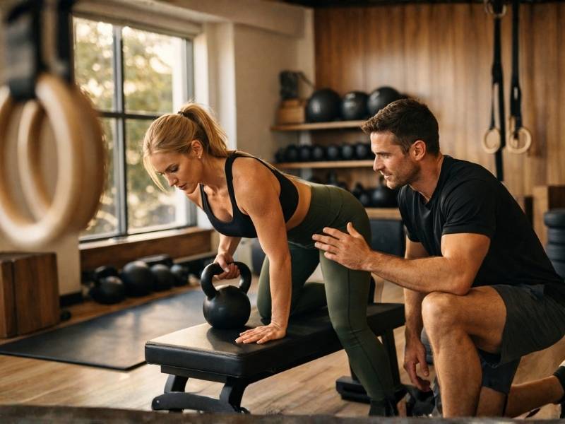 Boutique fitness studio with personal trainer coaching client